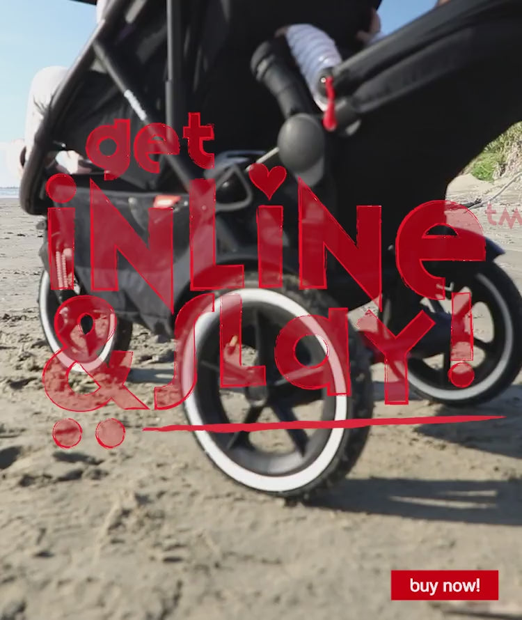 Parents pushing toddlers along the beach using sport™ and voyager™ inline strollers. From infant to toddler and adjustable to inline double at any time using double kit (sold separately).